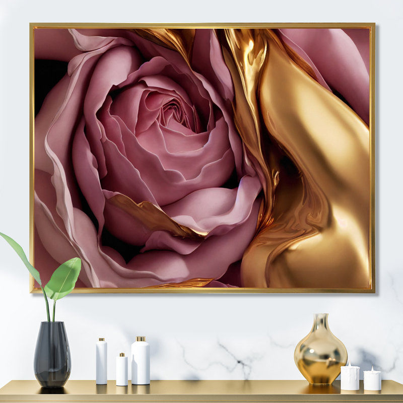 Exquise rose et doré Glam Roses I - impression, H 24 po x l 32 po x P 1 po, Cadre flottant doré