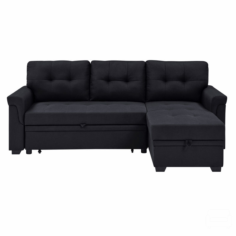 Upholstered Pull-Out Sofa Bed, Black Polyester