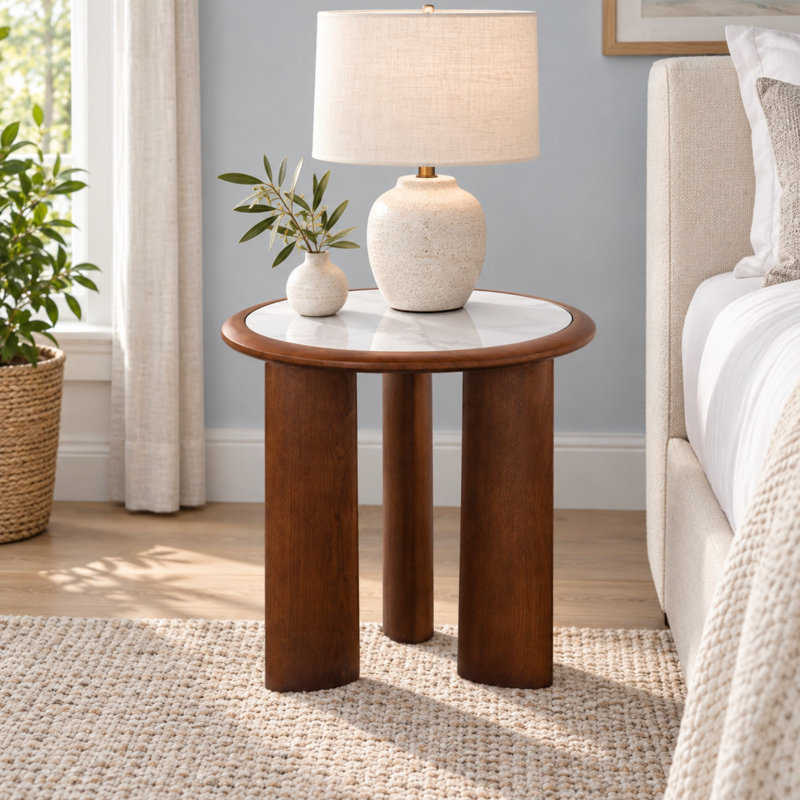 Table d'appoint ronde en pierre frittée avec bordure en bois massif