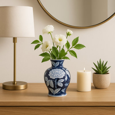 Chinoiserie Vase Stoneware Ceramic Floral Detailing 9" Blue and White for Home Office Bedroom Living Room Decor