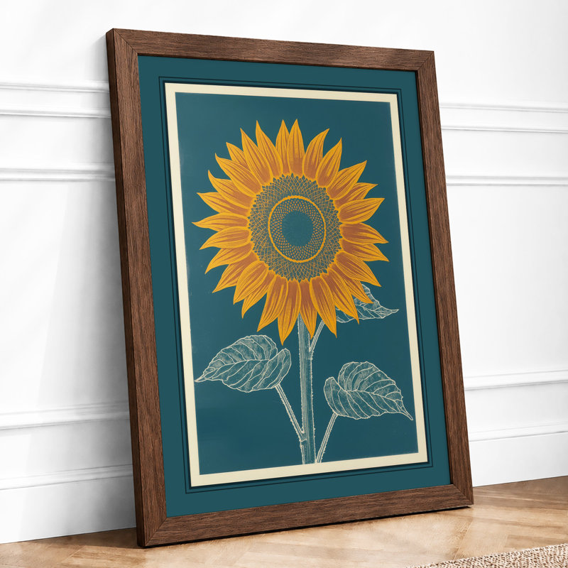 Sunflower In Teal Botanical - Print, Walnut, A1 - 84.1 x 59.4 cm