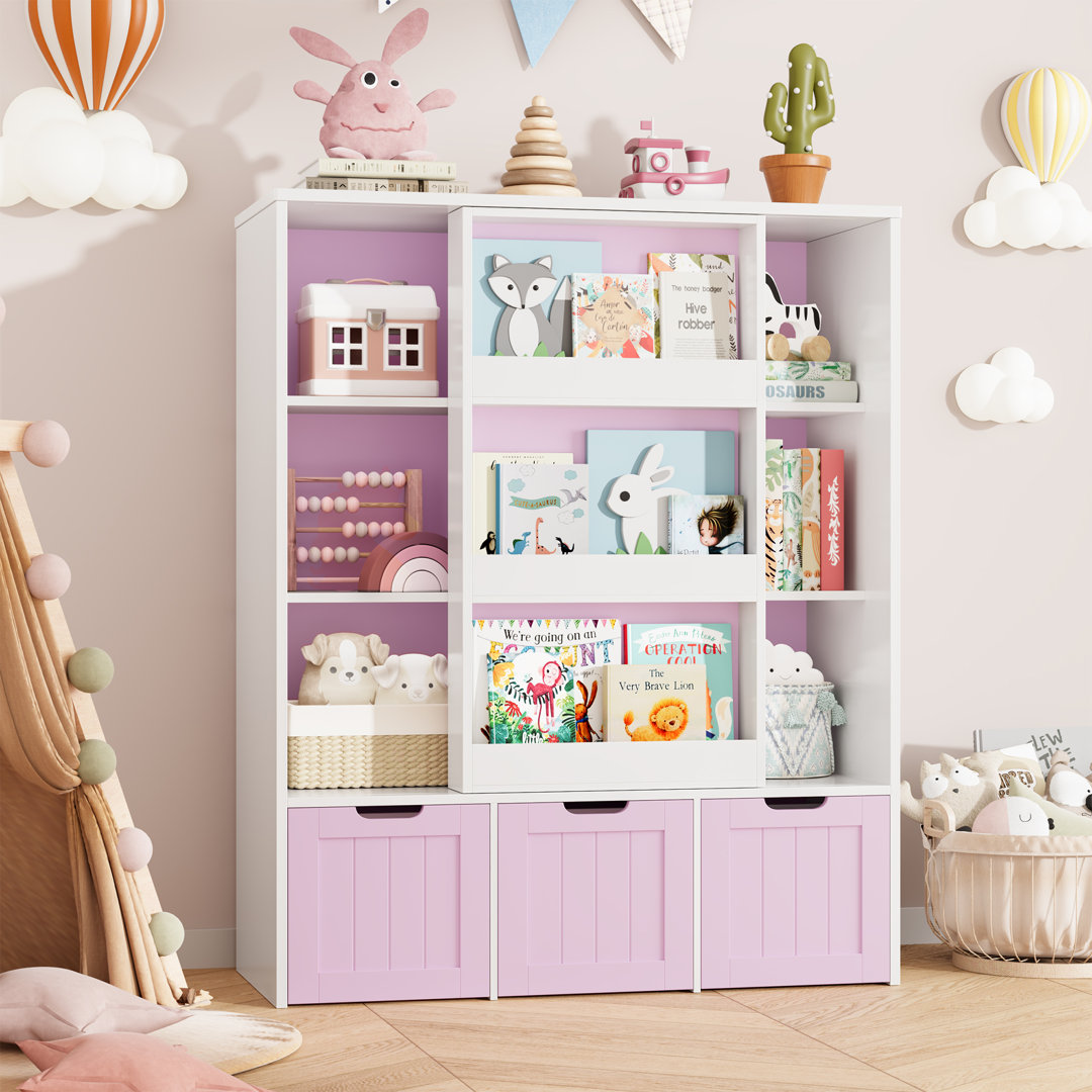 47.2"H Wood Storage Bookcase with Sliding Door and 3 Removable Drawers Ebern Designs 