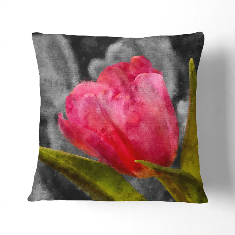 Pink Tulip Flower Painting Square Throw Cushion, 40cm H x 40cm W x 15cm D