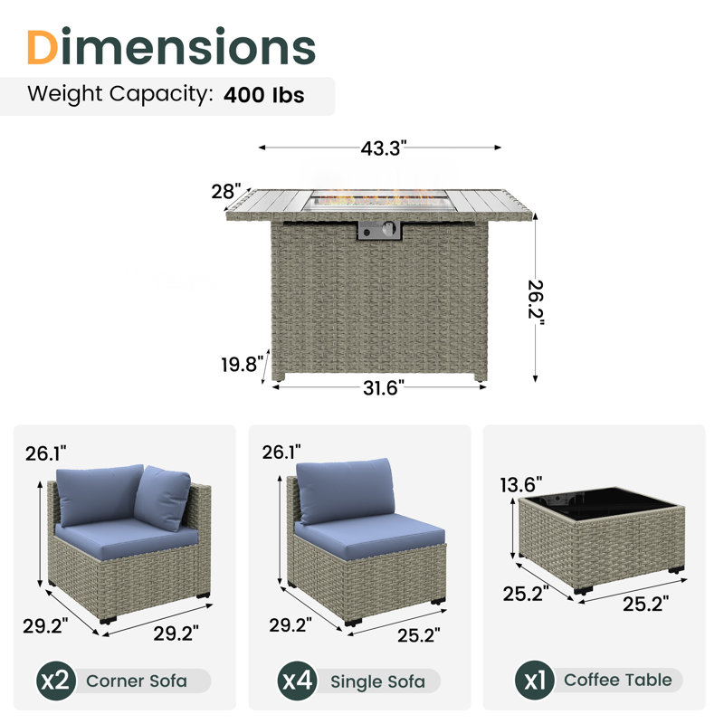 Outdoor Wicker 8-Piece Sectional Sofa Set With Comfortable Cushions, Blue