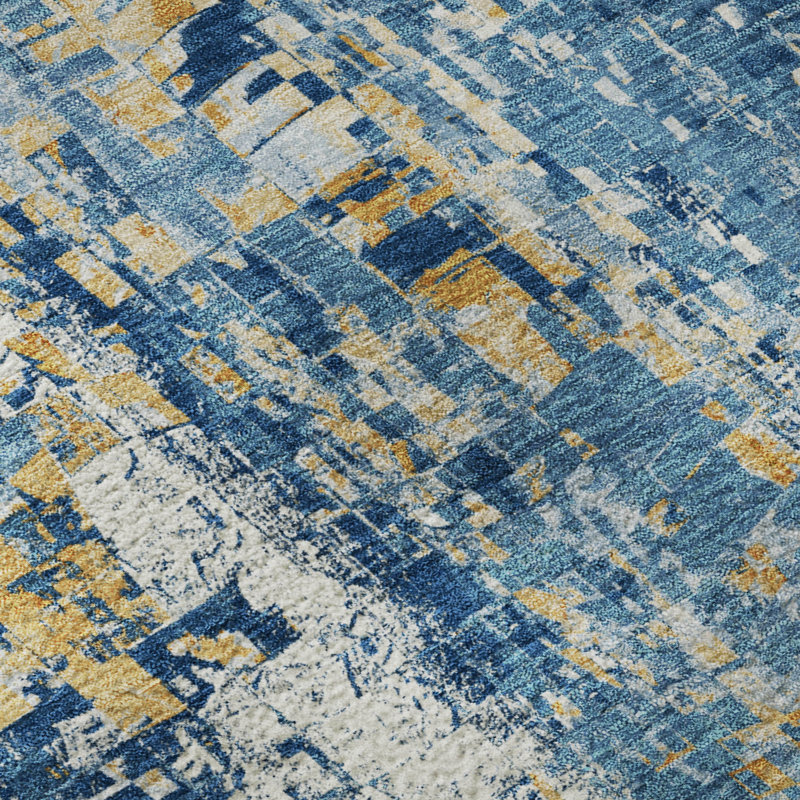 Premium Machine Washable Mayfield AMF2254 Abstract Rug, 3' x 5', Navy