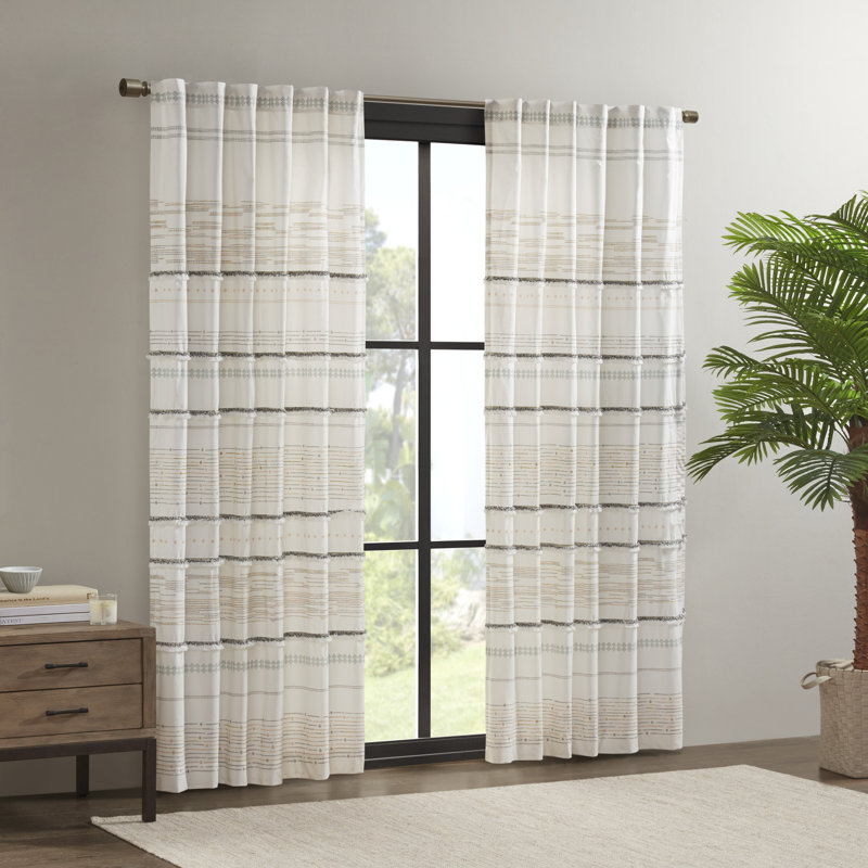 Nea White Cotton Light-Filtering Tassel Trim Curtain Panel