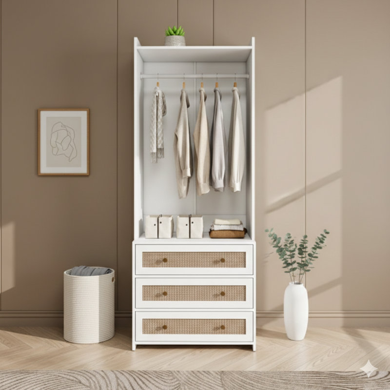 Unité de rangement pour vêtements avec 3 compartiments, grande armoire à vêtements avec accents en rotin tissé pour les espaces communs et les chambres à coucher, armoire d'organisation