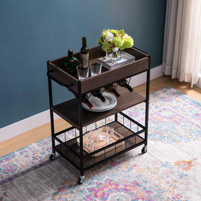 Three Rolling Kitchen Cart With Four-Wine Bottle Rack - Brown & Black Metal. Metal Frame And Locking Wheels. Shelves Items From Falling Off. Max Weigh by Red Barrel Studio
