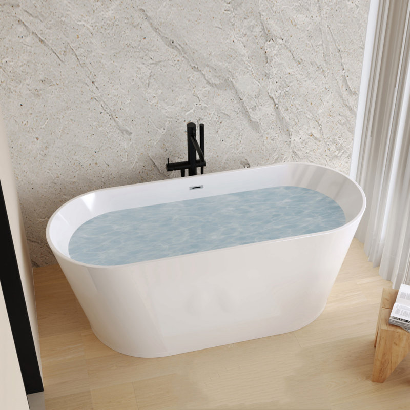 Baignoire de salle de bain autoportante en acrylique 67 pouces, blanc brillant, drain chromé sur pieds.