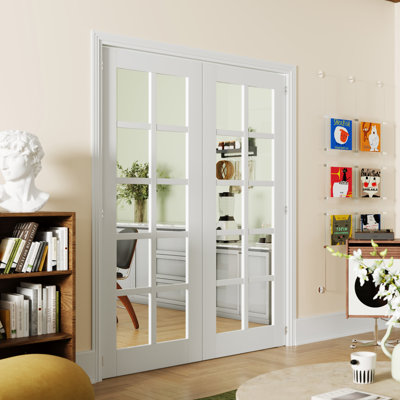 10 Lite Clear Glass Interior Double Door Slabs – MDF White Doors with Adjustable Dual Door Frame & Prehung-Style Hinges (Door & Frame Ship Separately)