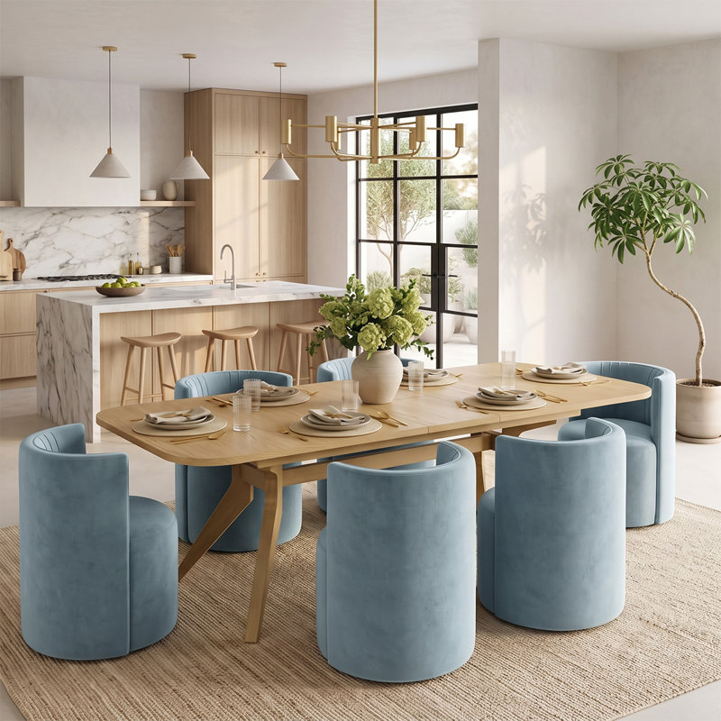 Ensemble de table de salle à manger extensible en placage de bois de 78" à 96" avec 6 chaises en velours et roulettes dissimulées