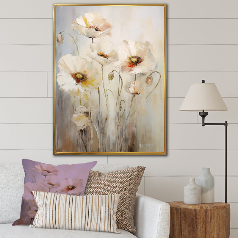«Blossoms Of Grace Minimalisme Poppies I», reproduction d'art sur toile, H 32 po x l 24 po x P 1 po, Cadre flottant doré