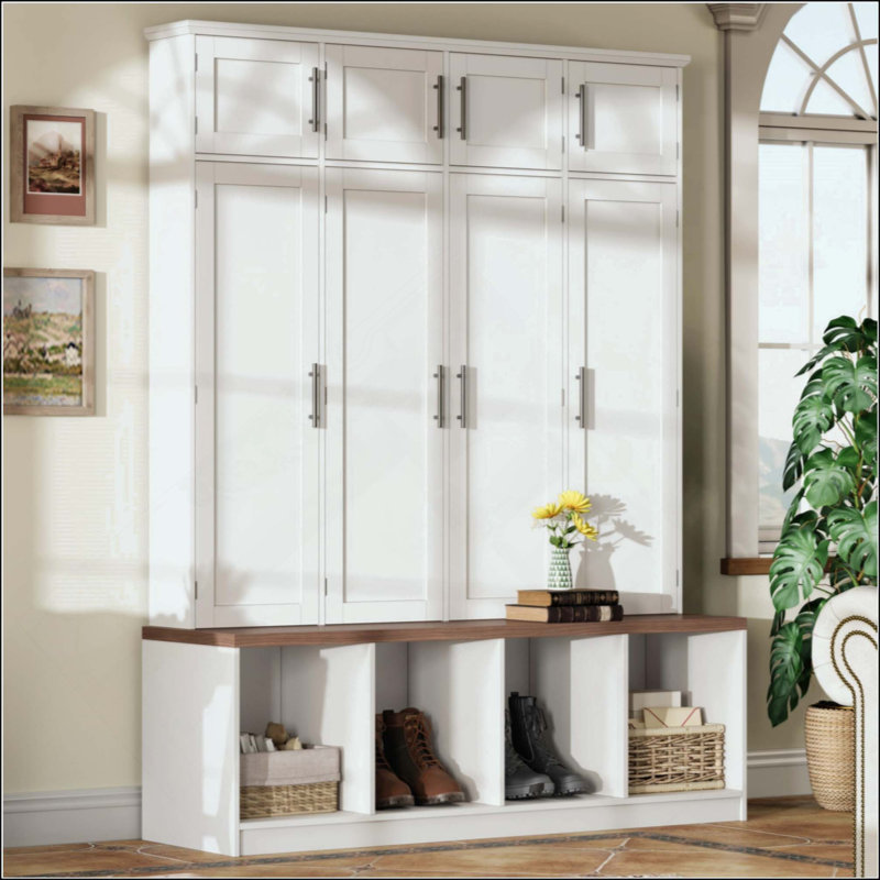 Farmhouse Hall Tree With 4 Hidden Hanging Hooks, Versatile Seating Bench With 8 Doors, Entryway Shoe Cabinet With Open Compartment For Living Room