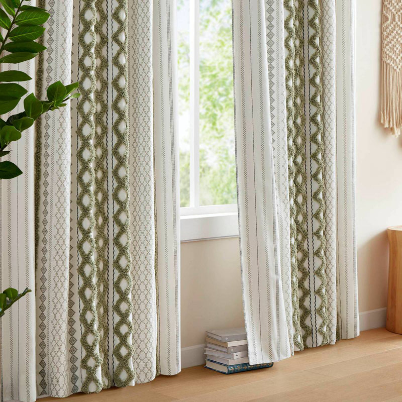 1 PCS 50X95" Cotton Printed Curtain Panel With Chenille Stripe And Lining, 50" W x 95" L, Green