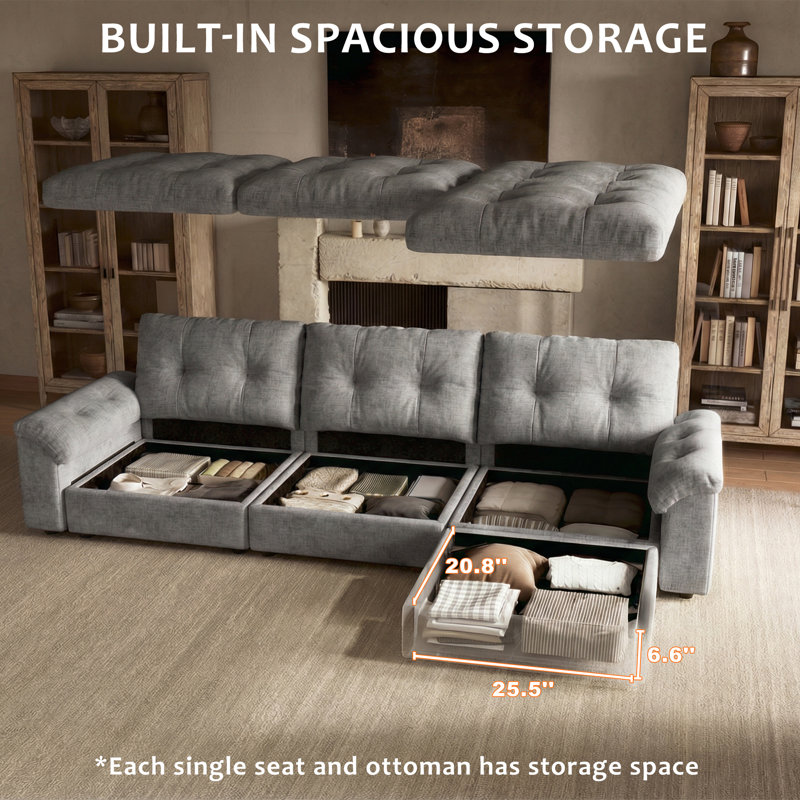 103.5" Modular Sectional Cloud Sofa With Deep Seat Couch,lattice Decored Design, Light Gray Chenille
