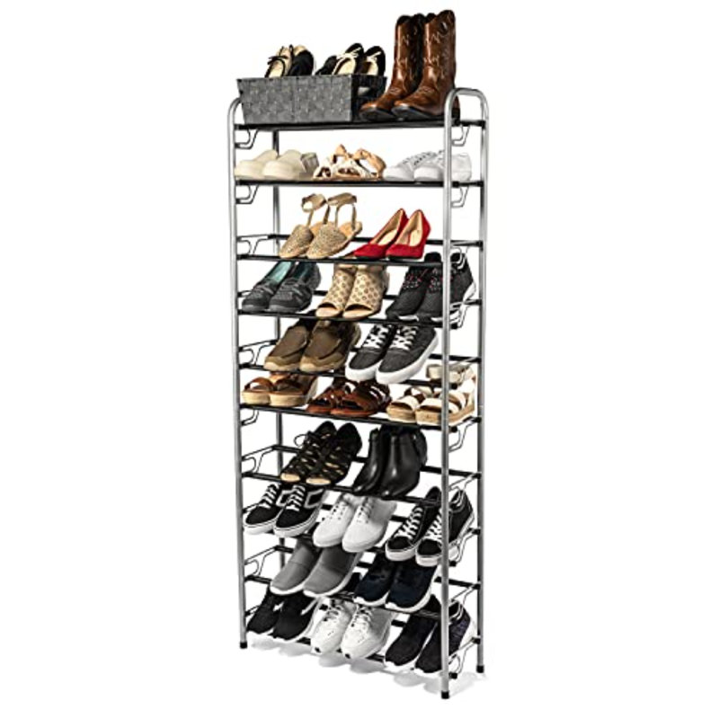 Tall Silver and Black Metal 10-Tier Shoe Rack