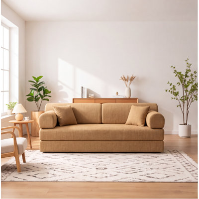 Ochre Bouclé 4-in-1 Convertible Sleeper Sofa Bed - Loveseat, Chaise, Daybed & Sleeper, Soft Textured Upholstery, No Assembly, Ideal for Small Spaces
