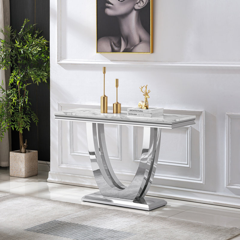 Bruneta 46.85'' Marble Top Console Table, White, Silver
