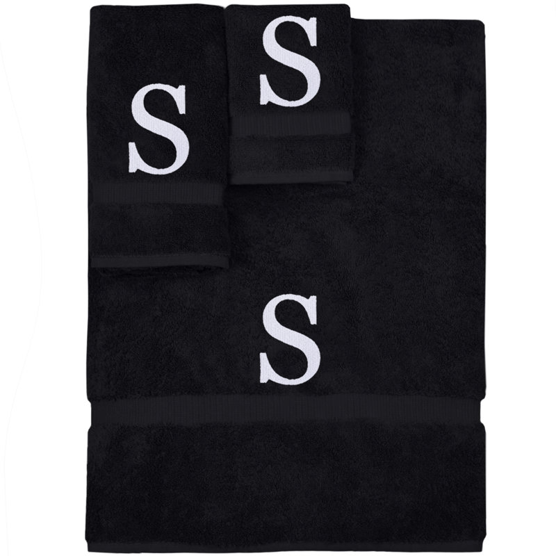 Ensemble de serviettes monogrammées - ensemble de 3 - lettre-bloc, Noir / blanc, S