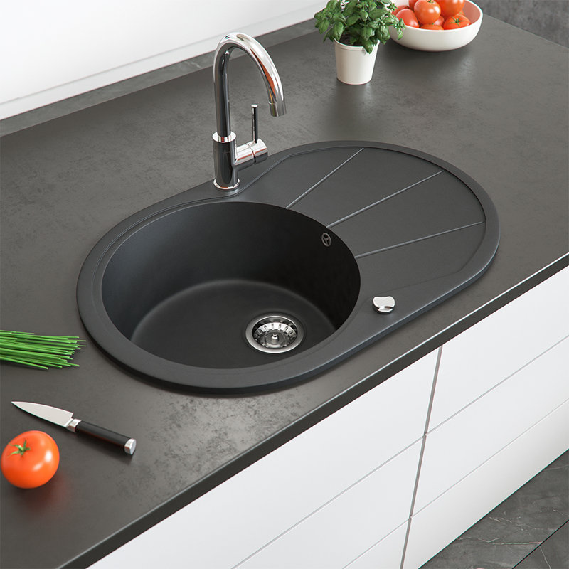 Dakota Fields Christabelle 500mm W Single Bowl Granite Drop-In Kitchen Sink with 1 Faucet Hole, Black