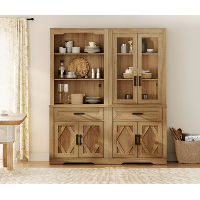Glenford Kitchen Pantry With Barn Door,73.3" Tall Wood Storage Cupboard,Farmhouse Patry Cabinet With 2 Drawers And Glass Door For Dining Room,Living Room,Living Room,