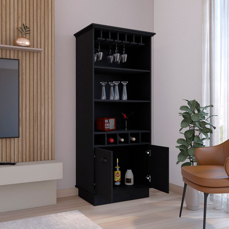 70"H Bar Cabinet With Wine Rack, Upper Glass Cabinet, Three Open Storage Shelves And One Cabinet, Black