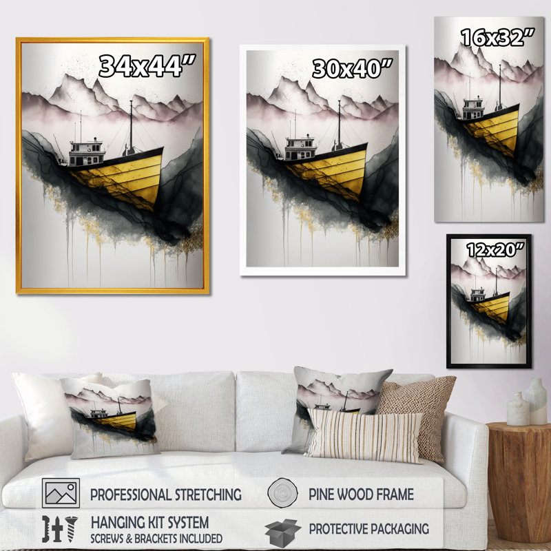 Bateau de pêche noir et jaune, H 20 po x l 12 po x P 1 po, Impression dorée sur toile encadrée