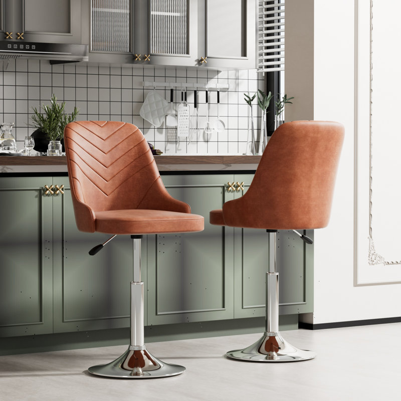  Set of 2 Modern Swivel Adjustable Counter Stool, Faux Leather Upholstered Counter Height Stool with Hydraulic Lift and Metal Pedestal Base for Kitchen Island, Breakfast Bar, Dining Area