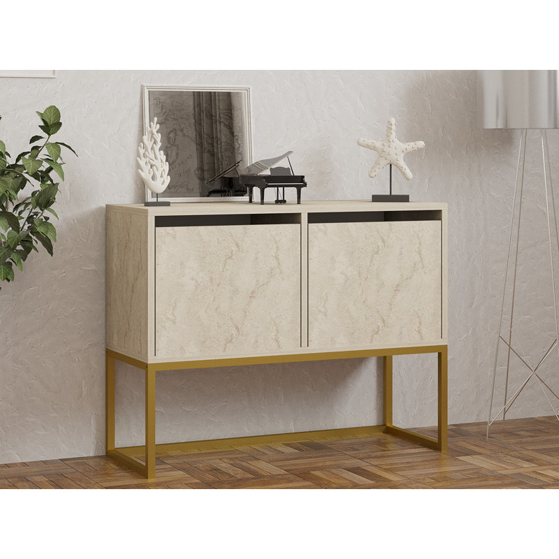 Console moderne, couleur travertin, 35,4 x 27,6 x 13,4 pouces | 100% panneau de particules enduit de mélamine, épaisseur: 0,7 pouce | Solution de rangement élégante pour le salon et le vestibule, design élégant et fonctionnel