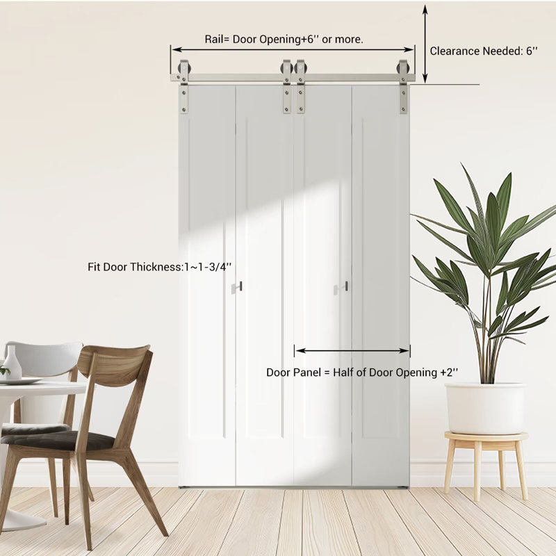 Ensemble de quincaillerie de porte de grange pliable en métal nickelé ATT, longueur de rail pour quatre portes (panneau de porte non inclus)