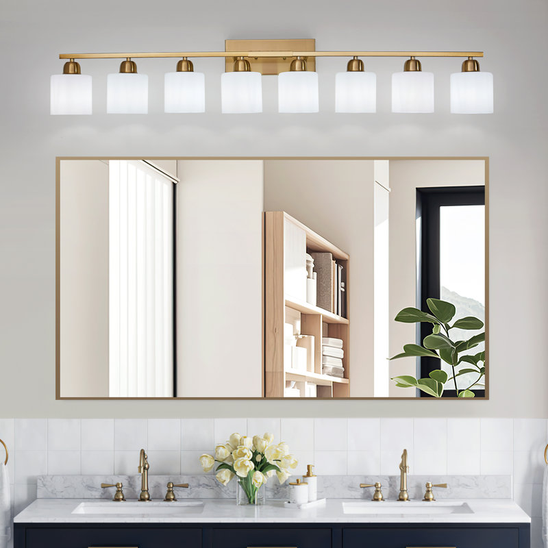  8-Light Dimmable Bathroom Vanity Light with Frosted Milk Glass Shades, Gold, 8 Lights