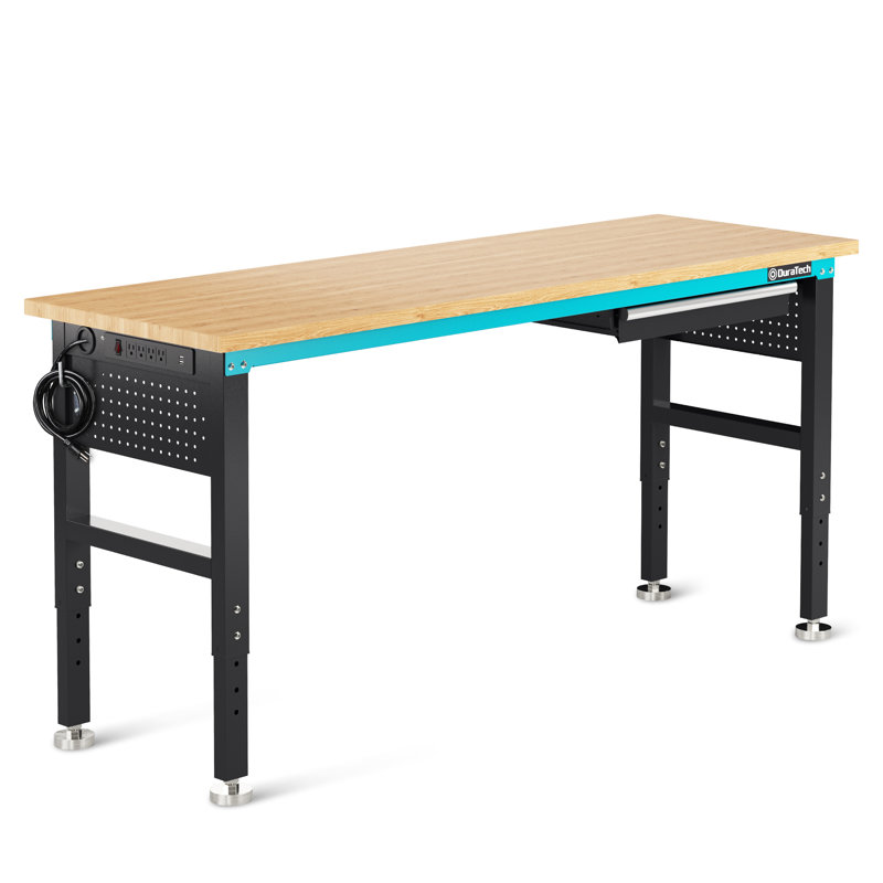 DURATECH 72” Adjustable Workbench, Heavy-Duty Rubber Wooden Top Worktable With A Drawer, 6Ft Workstation With Power Strip, Peg Board, 2000 LBS Load Capacity, For Workshop, Garage, Office, Home