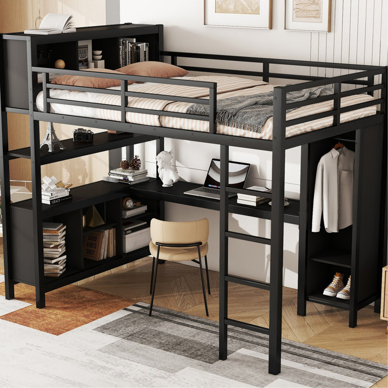 Lit mezzanine double en métal noir avec rangement et garde-robe, bureau pour adolescents en forme de L en noir, garde-robe pour adultes,