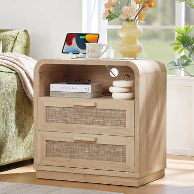 Rattan Night Stand with Charging Station,23.6" Curved Profile Nightstand with 2 Drawers,Wood Bedside Table with Storage Shelf & Solid Handle,Boho End Tables for Bedroom,Living Room