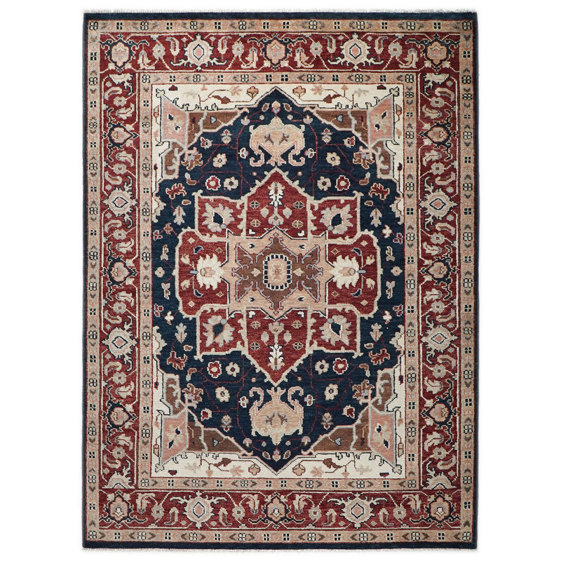 Tapis Oushak bleu en laine noué à la main 8 pi 9 po x 12 pi 4 po, Bleu, Rectangle 8 pi 9 po x 12 pi 4 po