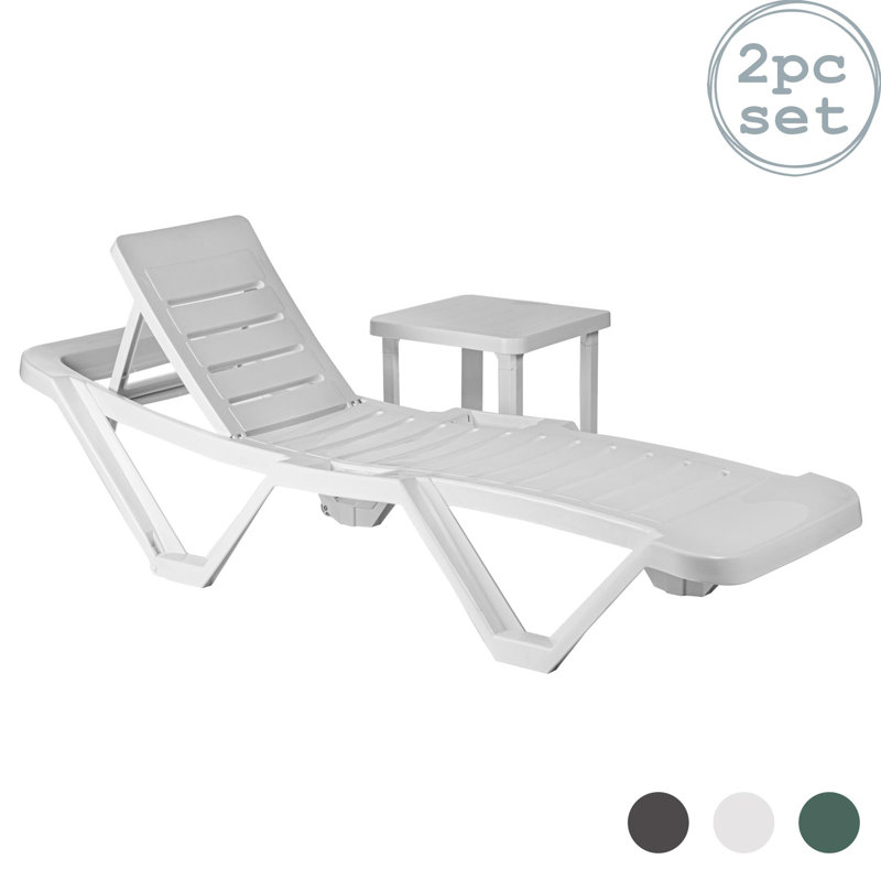 Reclining Sun Lounger with Table, White