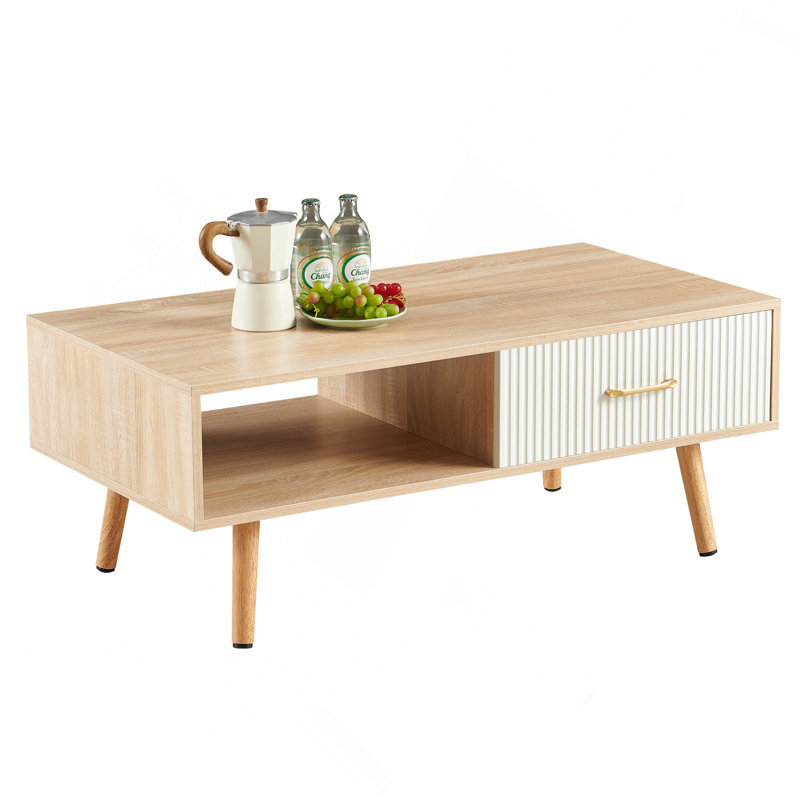 Table basse rectangulaire avec tiroir coulissant pour le rangement, table moderne pour le salon, blanc, Naturel / Blanc