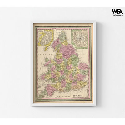 Angleterre, 1849, ancienne carte de l'Angleterre, affiche historique du Royaume-Uni, art mural de l'Ancien Continen, art mural de l'histoire de l'Angleterre, carte de l'Angleterre rose rustique