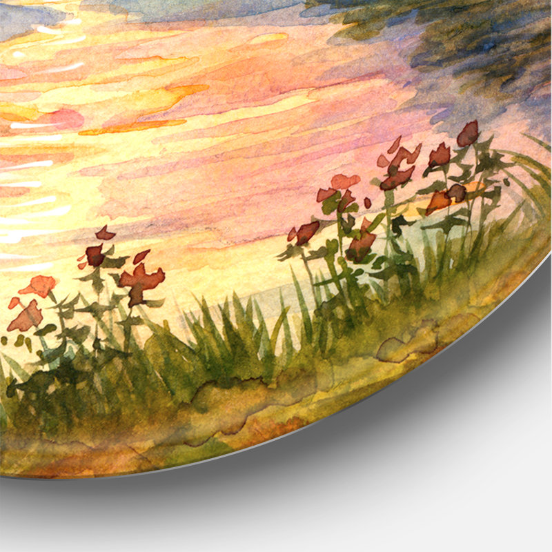 Coucher de soleil sur le lac I - Cercle traditionnel en métal, art mural, H 23 po x l 23 po x p 1 po
