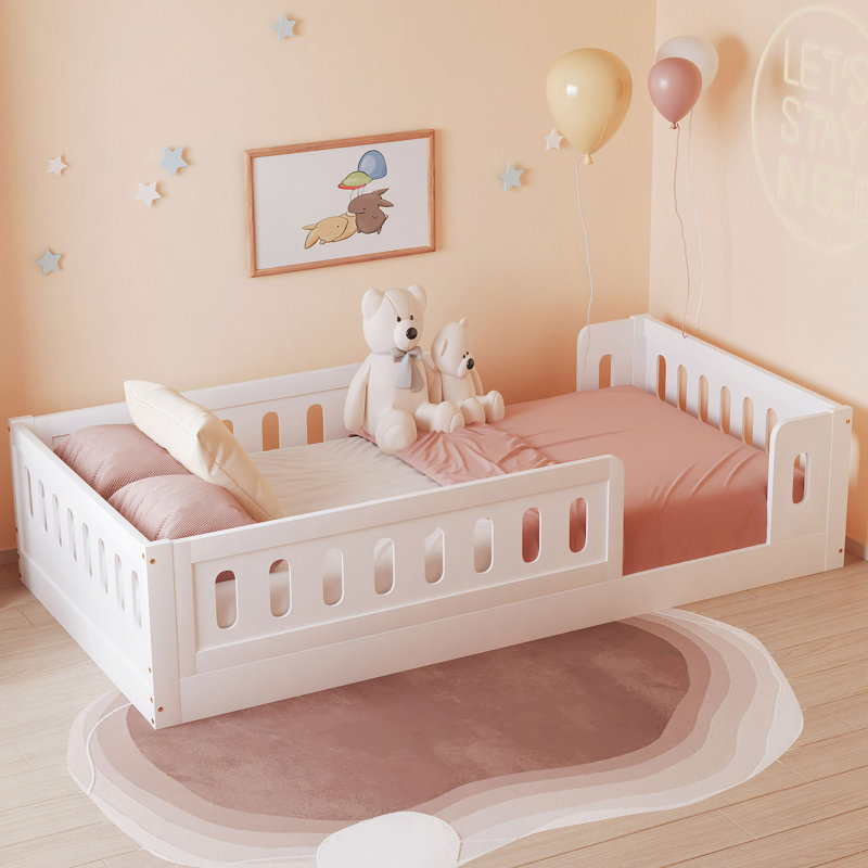 Wood Platform Bed With Guardrail, White