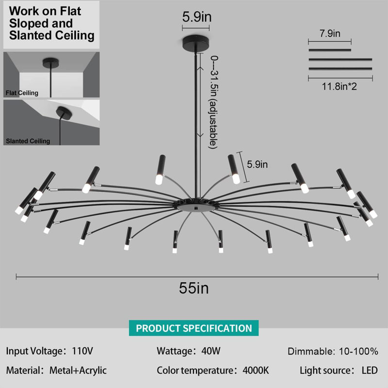 15-Light Dimmable LED Modern Chandelier, 60" H x 56" W x 56" D