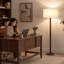 Lampe sur pied sculpturale 62 po en bois massif avec perle en bois empilée, abat-jour tambour en lin 18 po, finition noyer et interrupteur au pied-1740705699