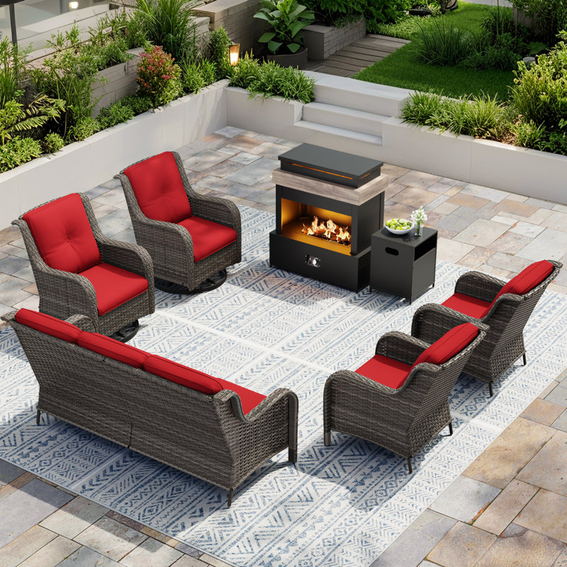 7-Person Outdoor Patio Conversation Rattan Seating Group With 5000BTU Fireplace,C4 Chairs and Red Cushions, Red