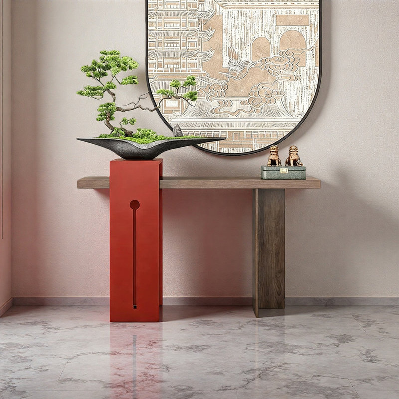 Console de hall d'entrée en bois massif, 35.43" H x 39.37" W x 11.81" D, Brun/rouge