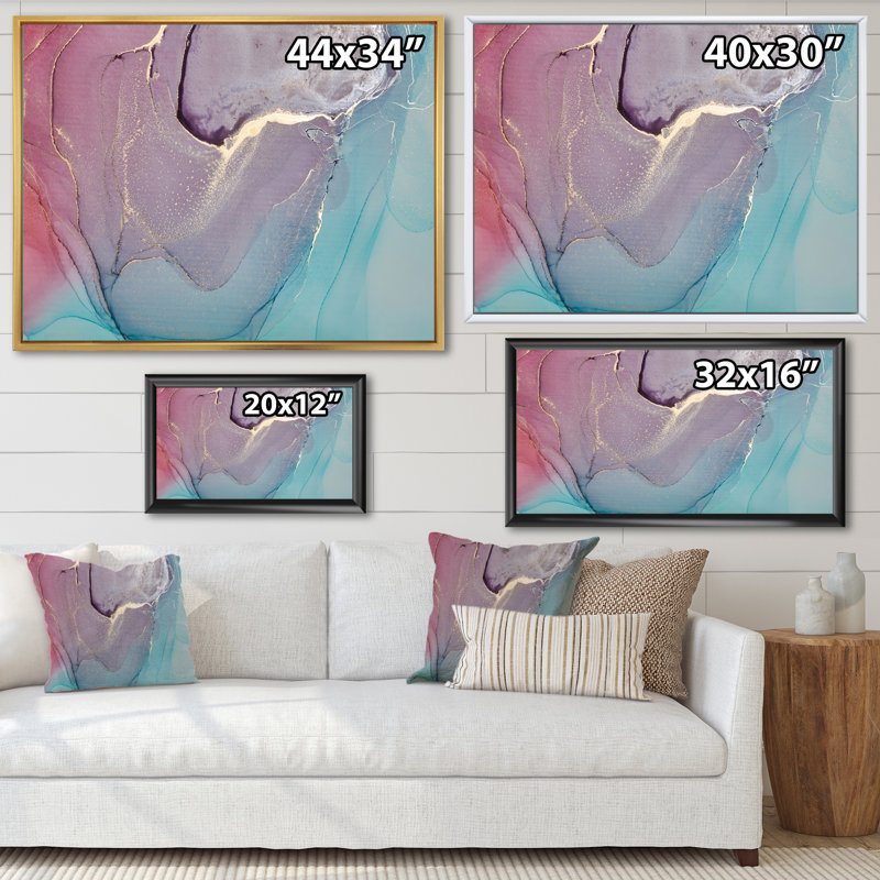 Turquoise et rouge, art liquide I - peinture sur toile, H 24 po x l 32 po, Toile à cadre flottant blanc