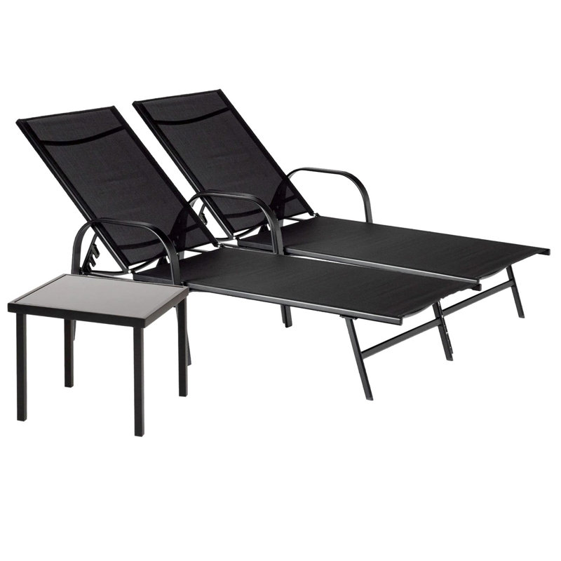 Sussex Sun Loungers and Table Set - 2 Garden Adjustable Loungers with 1 Side Table - Modern Design, Black