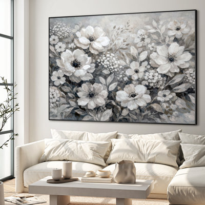 Très grand art mural imprimé sur tissu - Bouquet floral gris, décoration de chambre à coucher rétro - «Assemblage requis du cadre (cadre non fini)»