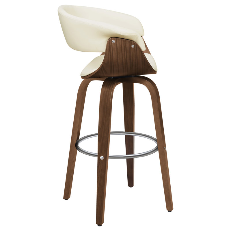 Ecru Faux Leather Walnut Swivel Bar Stool with Chrome Footrest