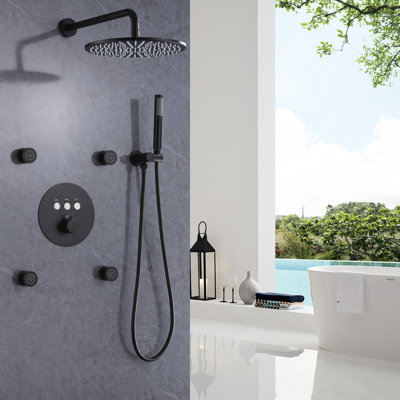 11-4/5" Wall Mounted Thermostatic Shower System With Handheld Spray And Body Jets