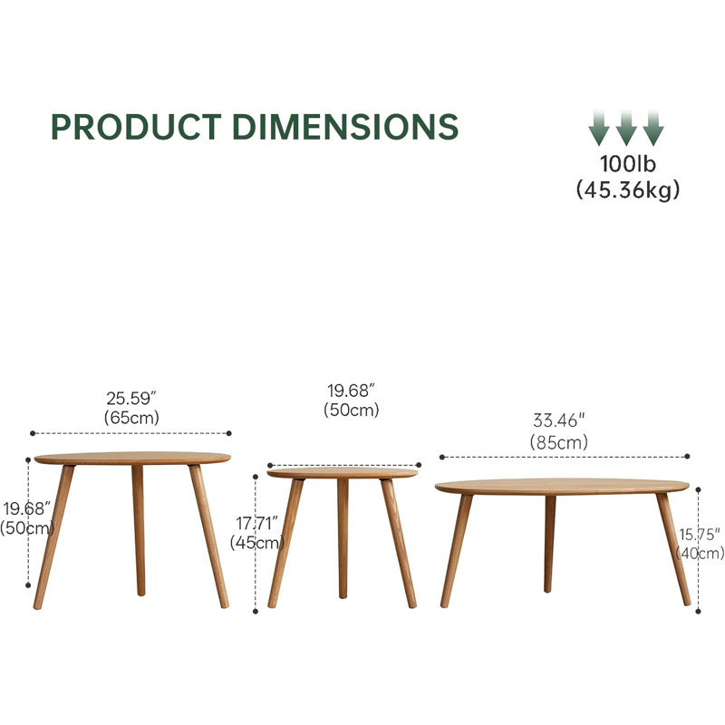 Solid Wood Three Leg Coffee Table, Oak